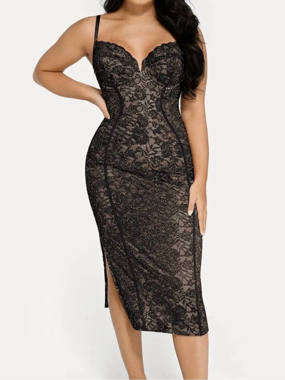 popilush Black Lace Bodycon Midi Dress w/Bustier Detail NWT size XXL shapewear